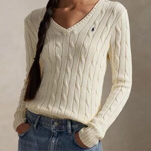 Ralph Lauren V-Neck Cotton Cable Knit Sweater in Cream